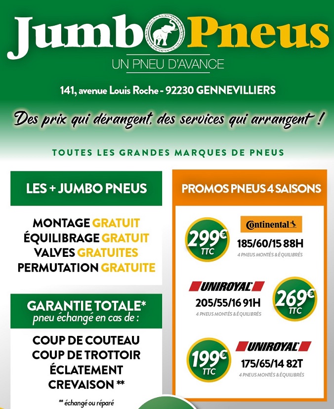 Promotion pneus 4 saisons Continental et Uniroyal chez Jumbo Pneus Gennevilliers 92